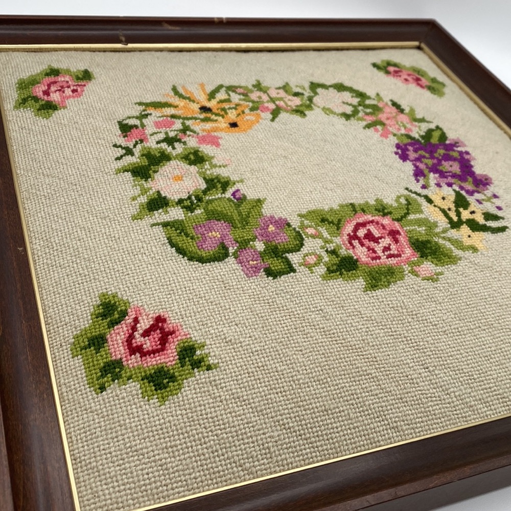 Vintage Handmade Needlepoint Floral Cottagecore Framed Wall Art - Picture 5 of 6